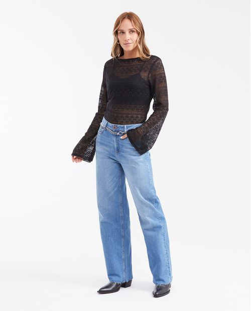 Jean Wide Leg High Rise Bota Relaxed Azul Medio para Mujer