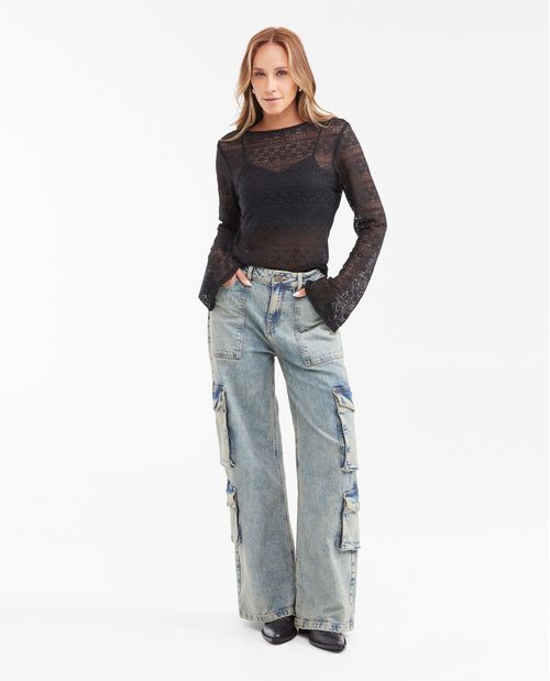Jean Tipo Cargo High Rise Bota Relaxed Azul Medio Efecto Dirty para Mujer