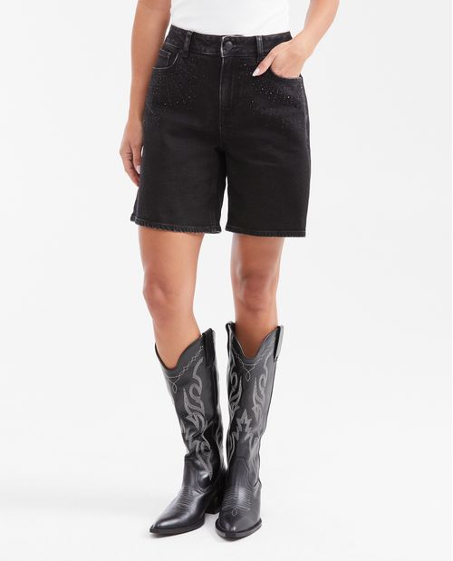 Bermuda en Denim High Rise Color Negro con Piedras Brillantes para Mujer