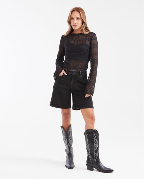 Bermuda en Denim High Rise Color Negro con Piedras Brillantes para Mujer