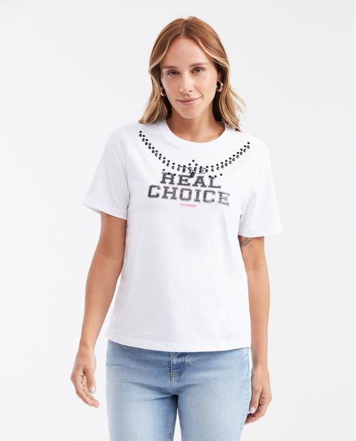 Camiseta Estampada con Detalle de Piedras para Mujer