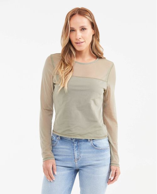 Camiseta Ajustada en Malla Semi Transparente para Mujer