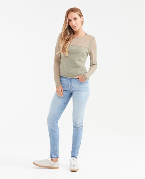 Camiseta Ajustada en Malla Semi Transparente para Mujer