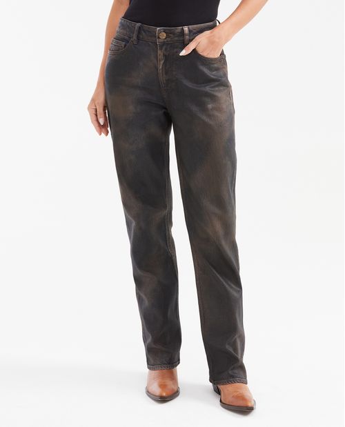 Jean Super High Rise Boot Cut Color Café Efecto Cuero para Mujer