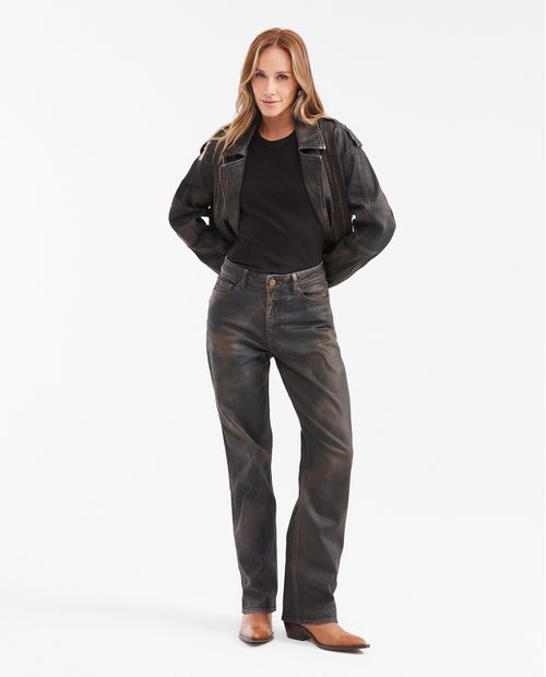 Jean Super High Rise Boot Cut Color Café Efecto Cuero para Mujer