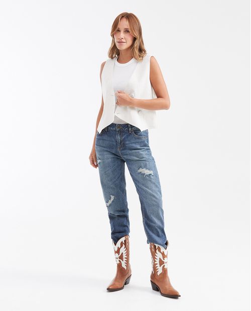 Jean High Rise Boot Cut Azul Medio Vintage con Rotos para Mujer