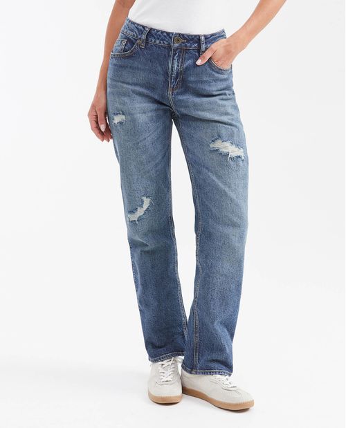 Jean High Rise Boot Cut Azul Medio Vintage con Rotos para Mujer