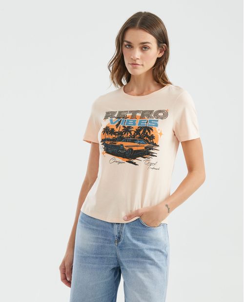 Camiseta Gráfica de Mujer, Manga Corta Cuello Redondo - Diseño Estampado Textil + Canutillos
