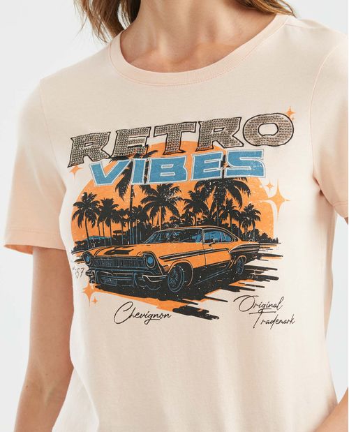 Camiseta Gráfica de Mujer, Manga Corta Cuello Redondo - Diseño Estampado Textil + Canutillos