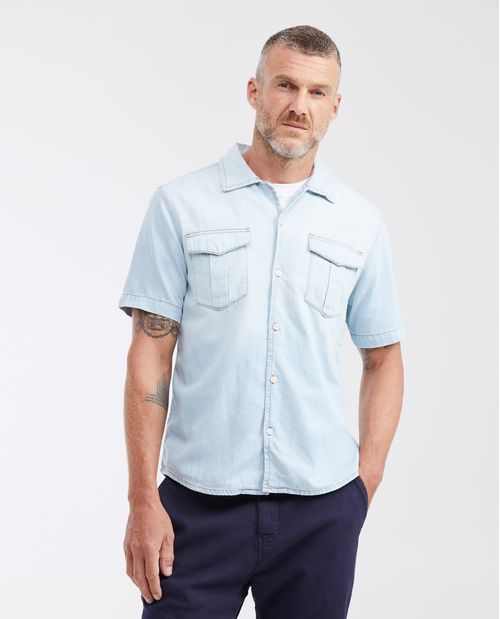 Camisa en Denim Slim Fit Manga Corta Azul Claro para Hombre