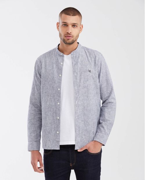 Camisa Slim Fit Manga Larga Cuello Nerú Estampado de Rayas en Mezcla Lino-Algodón para Hombre