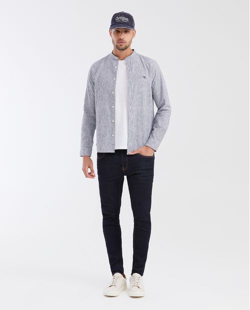 Camisa Slim Fit Manga Larga Cuello Nerú Estampado de Rayas en Mezcla Lino-Algodón para Hombre