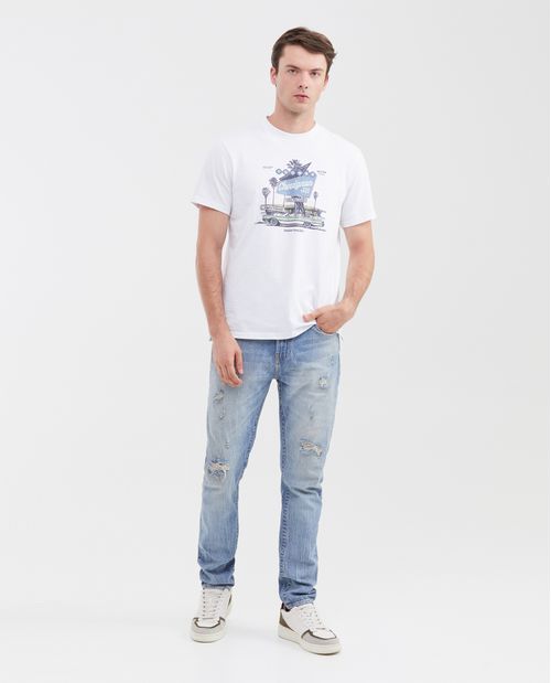 Camiseta Estampada Classic Fit Cuello Redondo en Algodón Efecto Jaspeado para Hombre