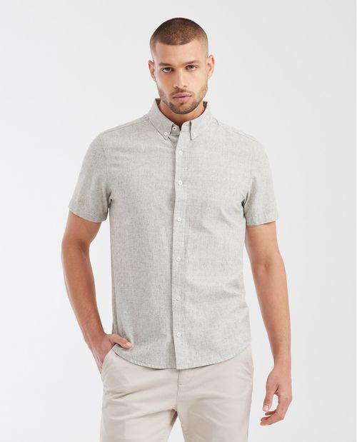 Camisa Slim Fit Manga Corta en Mezcla de Algodón y Lino para Hombre