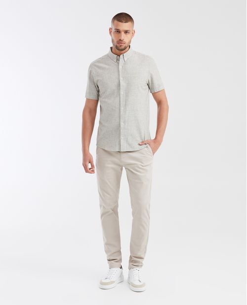 Camisa Slim Fit Manga Corta en Mezcla de Algodón y Lino para Hombre