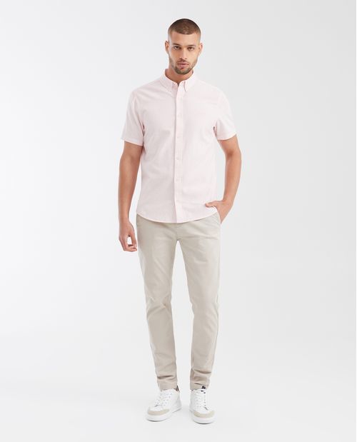 Camisa Slim Fit Manga Corta en Mezcla de Algodón y Lino para Hombre
