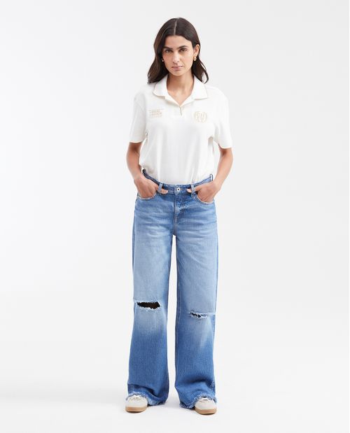 Jean High Rise Bota Relaxed Azul Medio con Rotos para Mujer