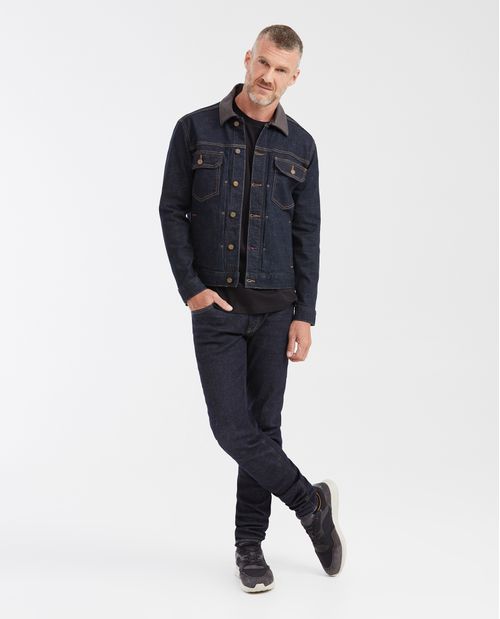 Chaqueta en Denim Tipo Trucker con Cuello en Cuero Azul Ultra Oscuro para Hombre