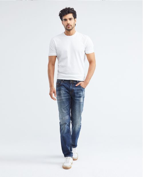 Jean de Hombre Straight Fit, Morrison, Bota Slim -  Azul Oscuro Vintage + Rotos