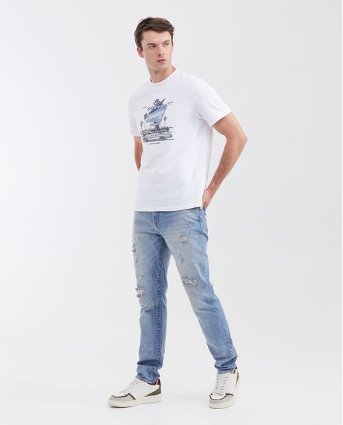 Jean Slim Fit Tiro Medio Bota Slim Azul Claro y Rotos para Hombre