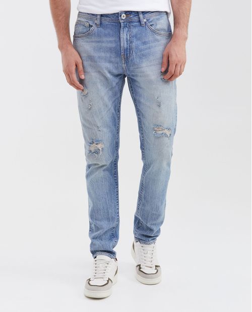 Jean Slim Fit Tiro Medio Bota Slim Azul Claro y Rotos para Hombre