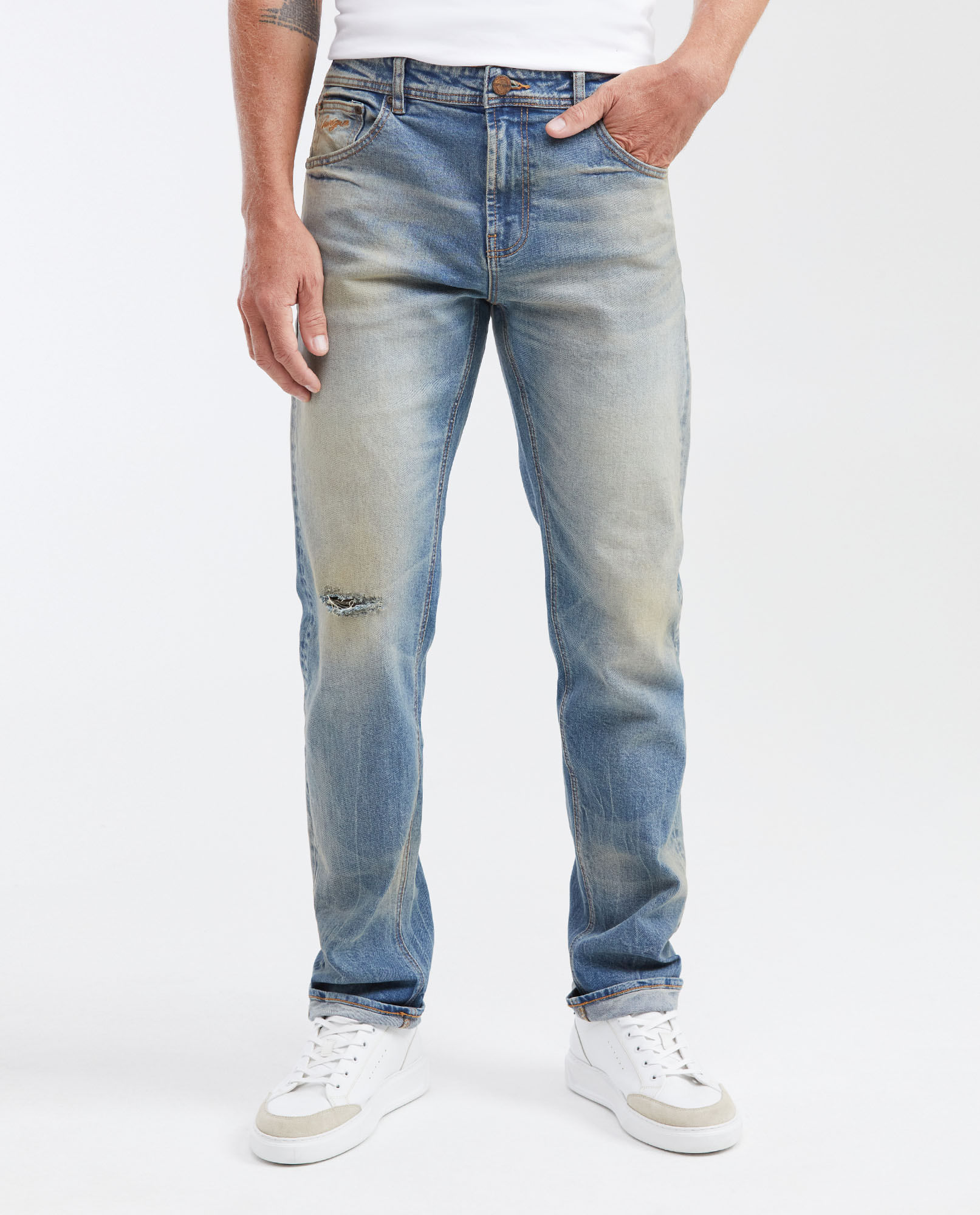 Jean Straight Fit Tiro Medio Boot Cut Azul Medio con Rotos para