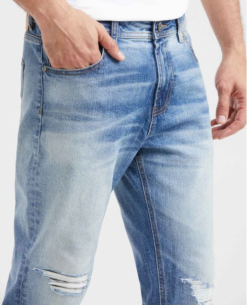 Jean Straight Fit Tiro Medio Bota Slim Azul Claro Lavado Vintage para Hombre
