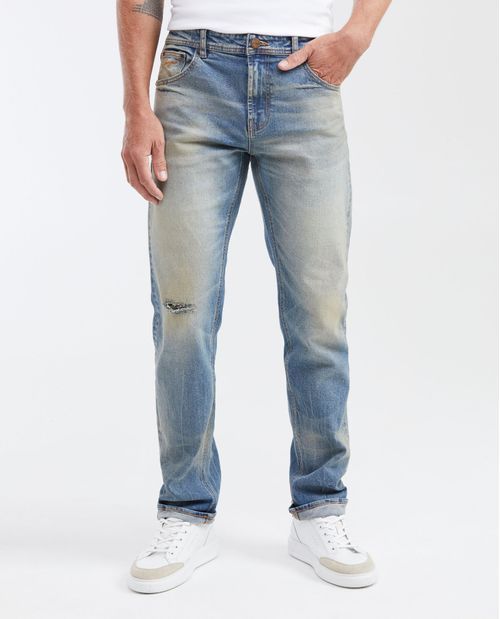Jean Straight Fit Tiro Medio Boot Cut Azul Medio con Rotos para Hombre