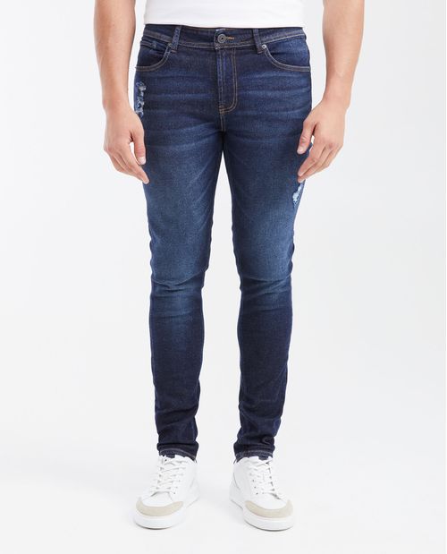 Jean Súper Slim Fit Tiro Bajo Bota Super Slim Azul Ultra Oscuro con Rotos para Hombre