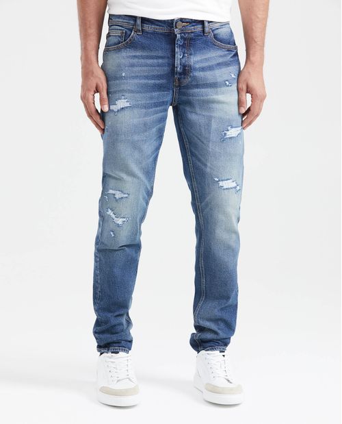 Jean Súper Slim Fit Tiro Bajo Bota Super Slim Azul Oscuro con Rotos para Hombre