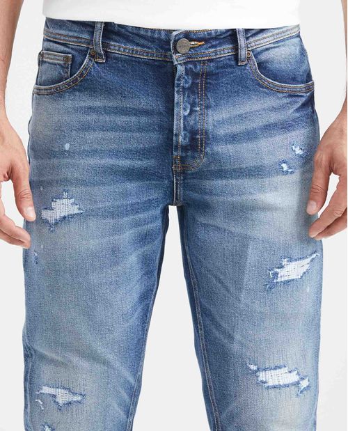 Jean Súper Slim Fit Tiro Bajo Bota Super Slim Azul Oscuro con Rotos para Hombre