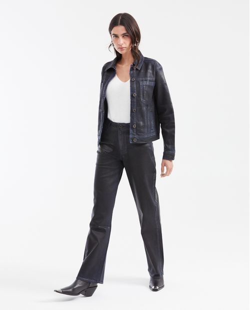 Jean Super High Rise Bota Relaxed Azul Ultra Oscuro Efecto Engrasado para Mujer