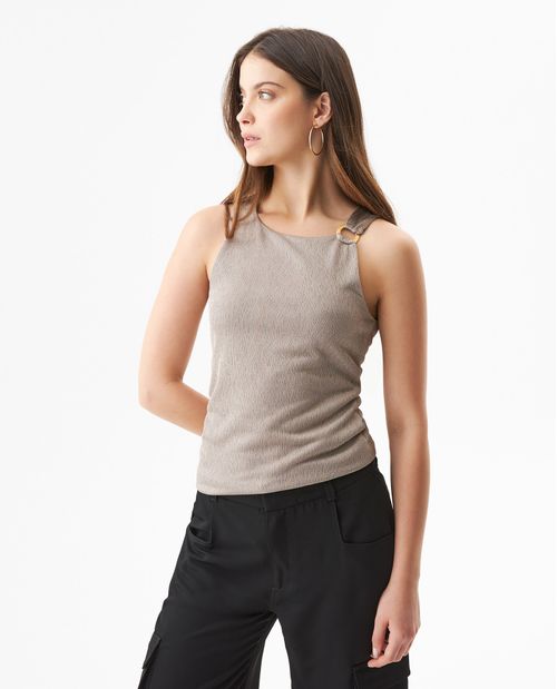 Camiseta Silueta Ajustada Manga Sisa con Brillo para Mujer