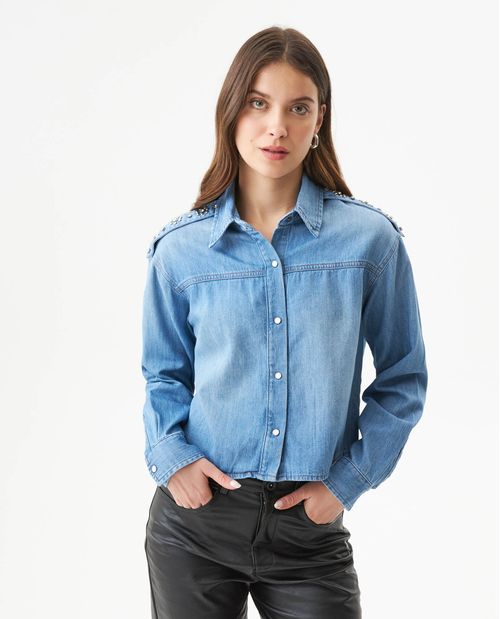 Camisa Manga Larga en Denim con Lazos para Mujer