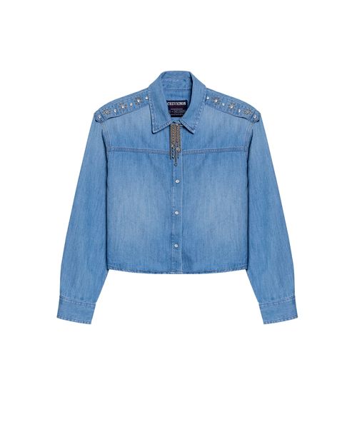 Camisa Manga Larga en Denim con Lazos para Mujer