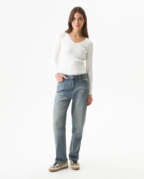 Jean Boy Fit Tiro Medio para Mujer en Mezcla de Algodón y Tencel, Baile