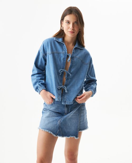 Camisa Manga Larga en Denim con Lazos para Mujer