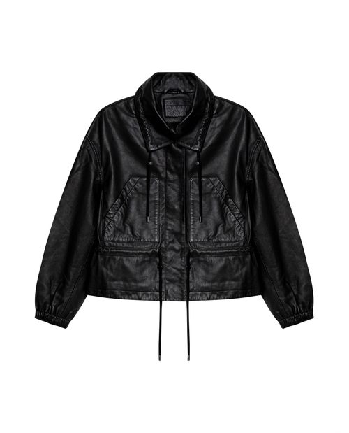 Chaqueta Bomber de Cuero con Cuello de Solapa para Mujer