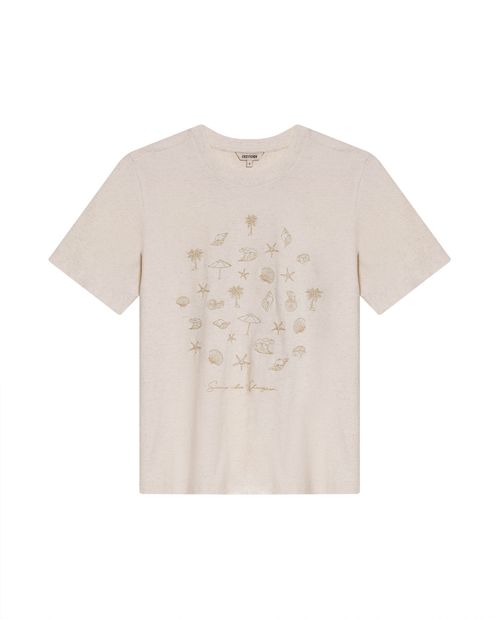 Camiseta de Mujer Gráfica Slim Fit Cuello Redondo con Bordado Verano en Mezcla de Algodón y Lino