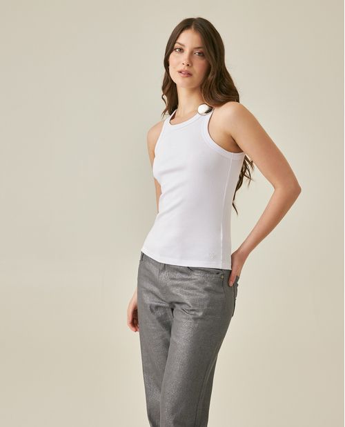 Camiseta de Mujer Tipo Tank Ajustada con Prendedor Removible Textura Acanalada en Mezcla de Algodón Madres