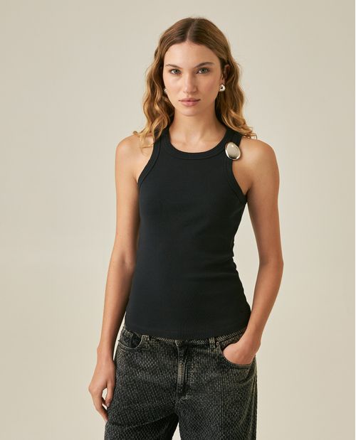 Camiseta de Mujer Tipo Tank Ajustada con Prendedor Removible Textura Acanalada en Mezcla de Algodón Madres