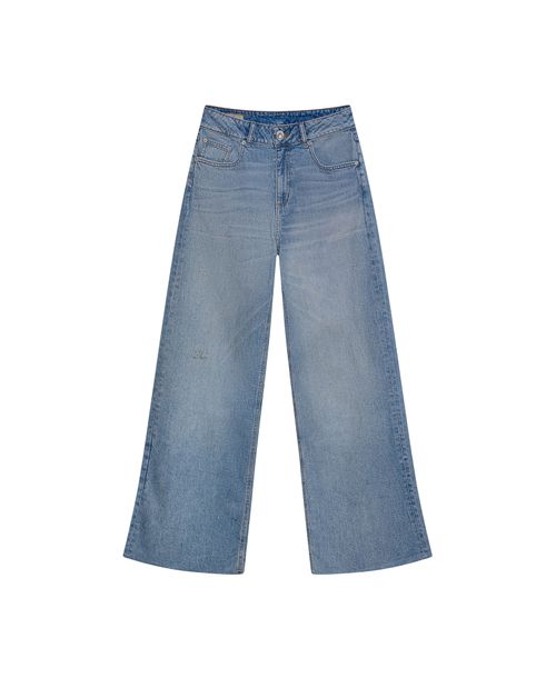 Jean de Mujer Wide Leg Tiro Alto con Efecto Empolvado Lavado Claro en Mezcla de Algodón y Tencel