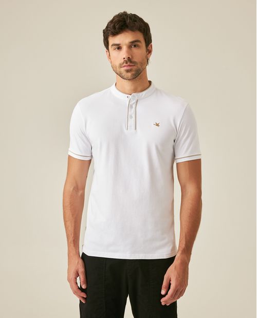 Camisa Polo de Hombre Slim Fit Cuello Nerú Manga Corta Sesgos en Contraste en Mezcla de Algodón