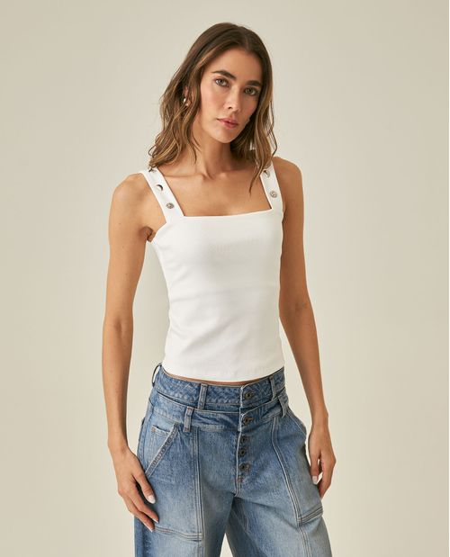 Camiseta de Mujer Moda Ajustada Cargaderas con Remaches Escote Recto Largo Top en Mezcla de Algodón