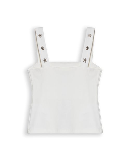 Camiseta de Mujer Moda Ajustada Cargaderas con Remaches Escote Recto Largo Top en Mezcla de Algodón