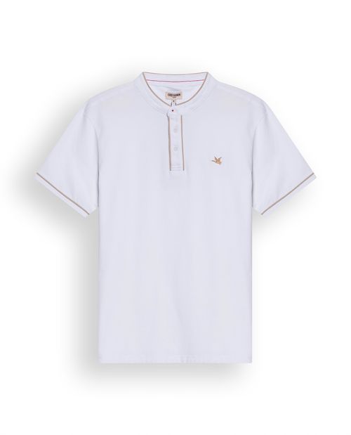 Camisa Polo de Hombre Slim Fit Cuello Nerú Manga Corta Sesgos en Contraste en Mezcla de Algodón