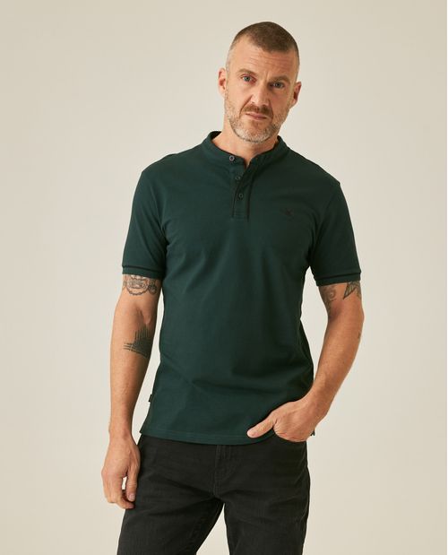 Camisa Polo de Hombre Slim Fit Cuello Nerú Manga Corta Sesgos en Contraste en Mezcla de Algodón