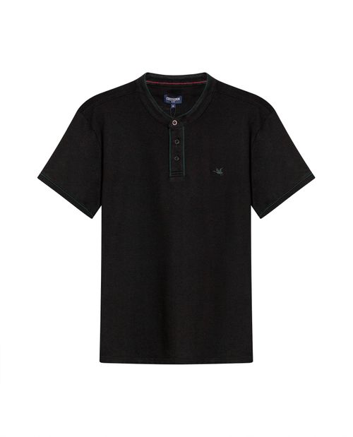 Camisa Polo de Hombre Slim Fit Cuello Nerú Manga Corta Sesgos en Contraste en Mezcla de Algodón