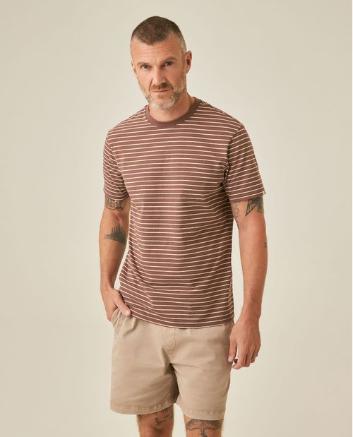 Camiseta de Hombre Slim Fit Manga Corta de Rayas con Marquilla Bandera en Mezcla de Algodón