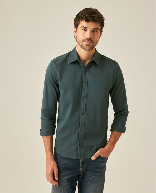 Camisa de Hombre Manga Larga Slim Fit Cuello con Paleta Pato Tono a Tono en Algodón Twill